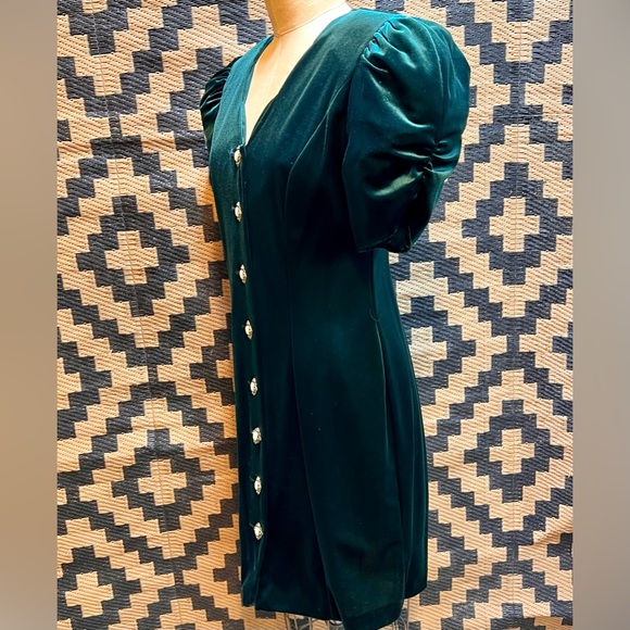 VINTAGE 80s emerald green velvet formal‎ midi mini dress statement puff sleeves - Picture 5 of 15